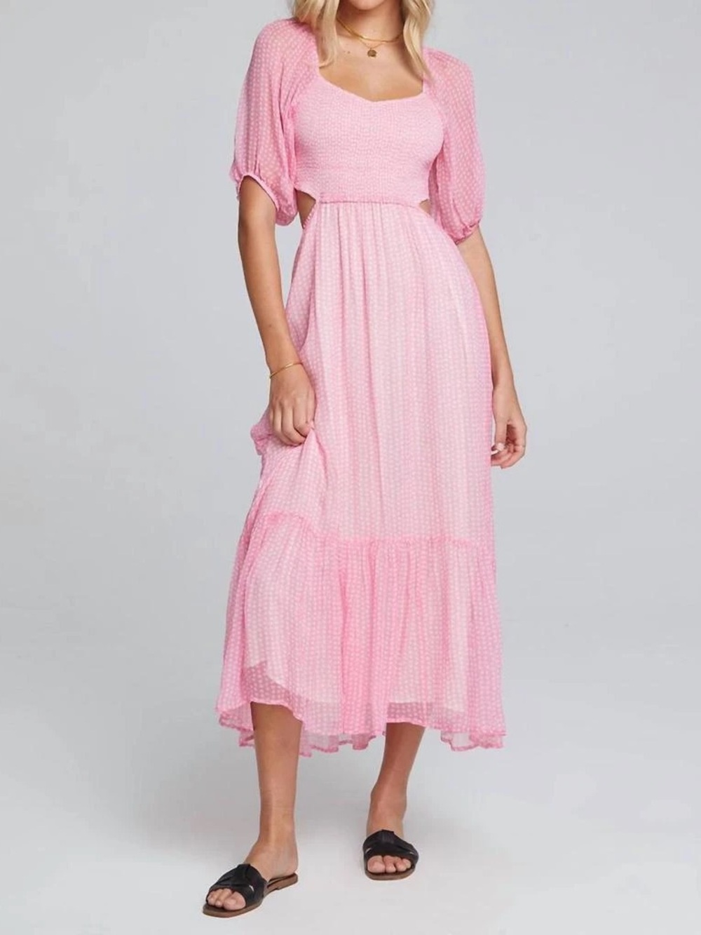 Saltwater Luxe Lyla Pink Gingham Puff Sleeve Cutout Back Midi Dress Women XL NEW
